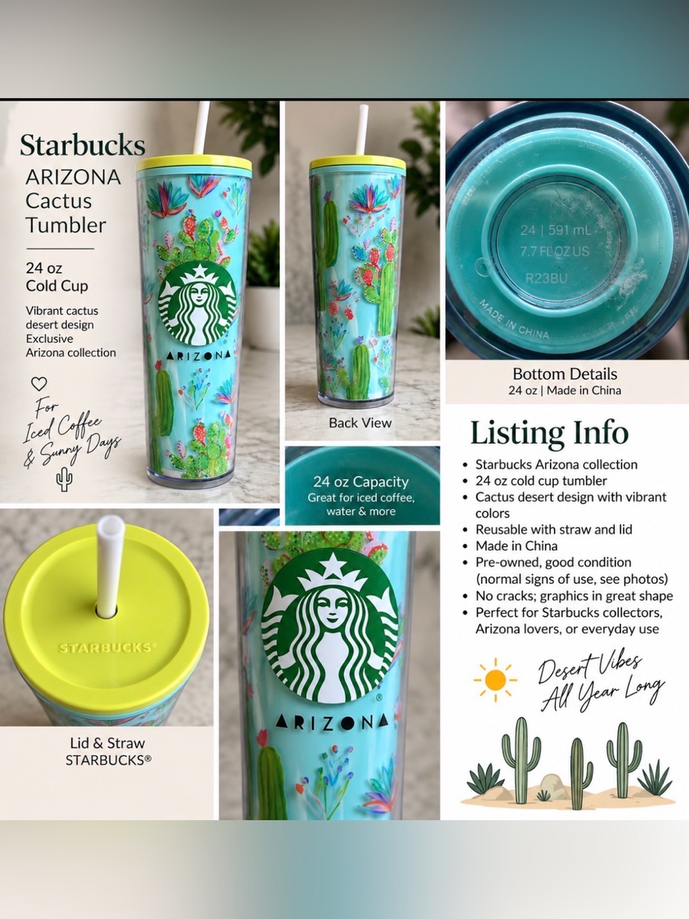 Starbucks Arizona Cactus Tumbler in Turquoise with Lime Lid